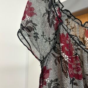 Sheer Black Lace Top with Burgundy Floral Embroidery